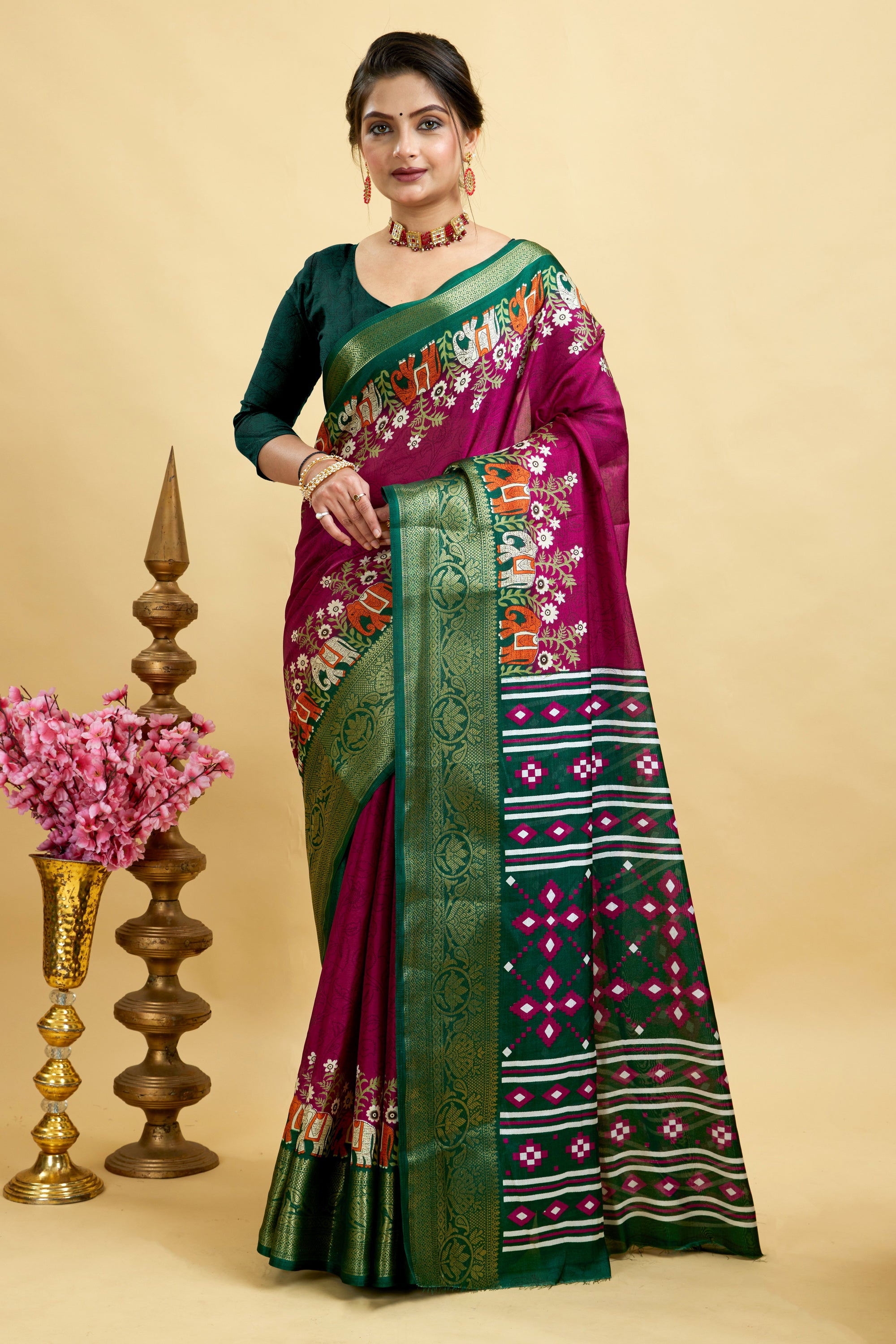 Purple Bandhani Print Soft Dola Cotton Kanjivaram Saree