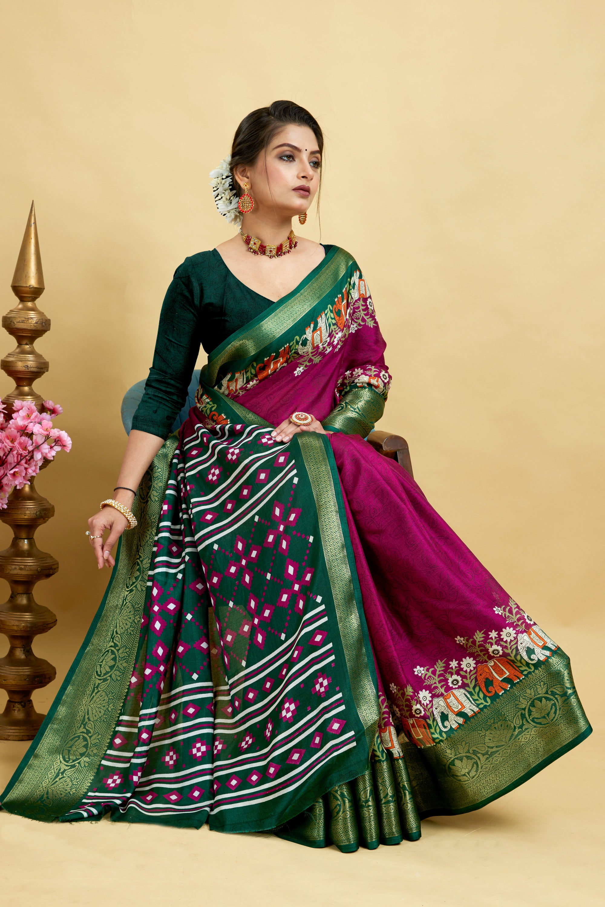 Purple Bandhani Print Soft Dola Cotton Kanjivaram Saree