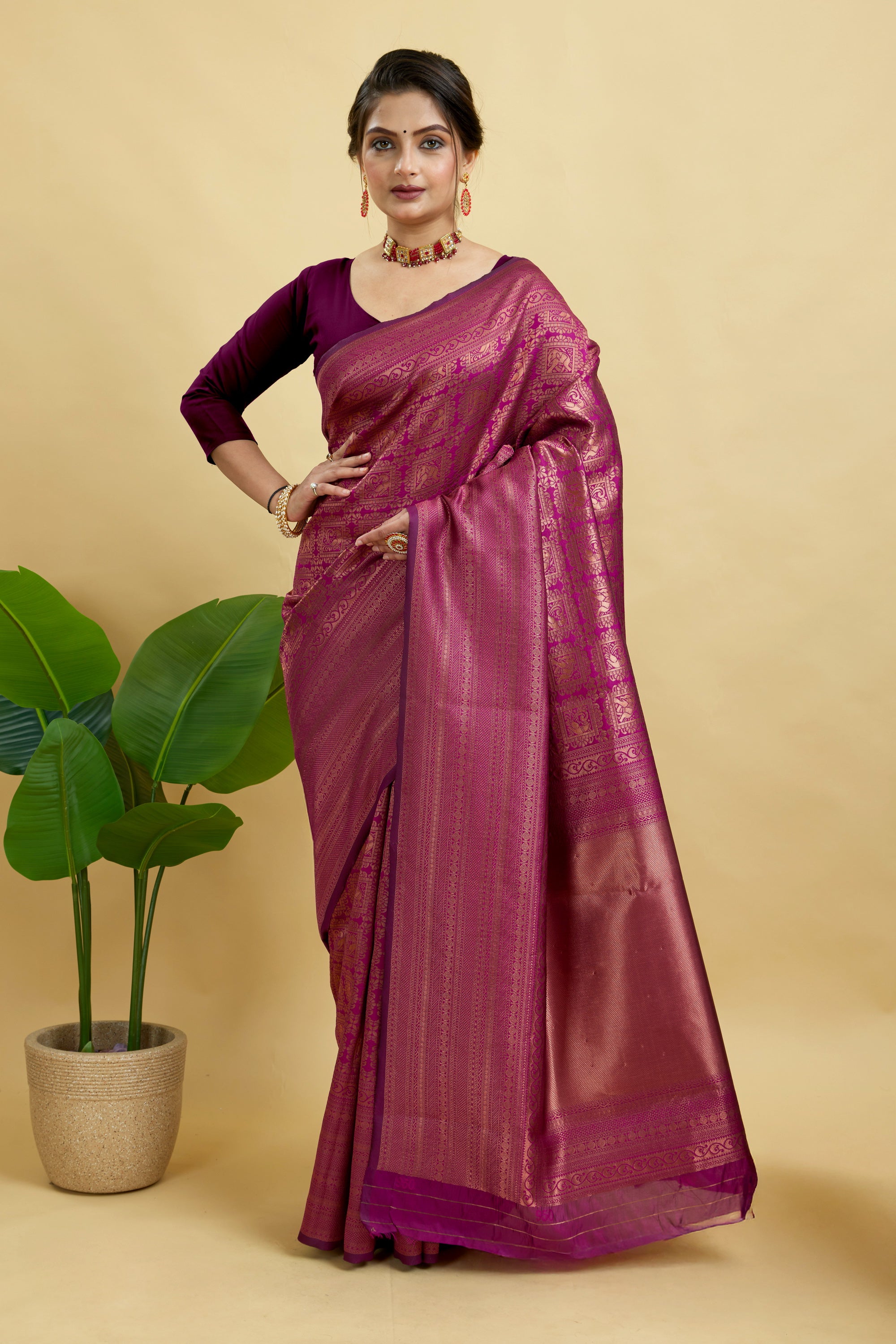 Wine Silk Blend Woven Banarasi Saree