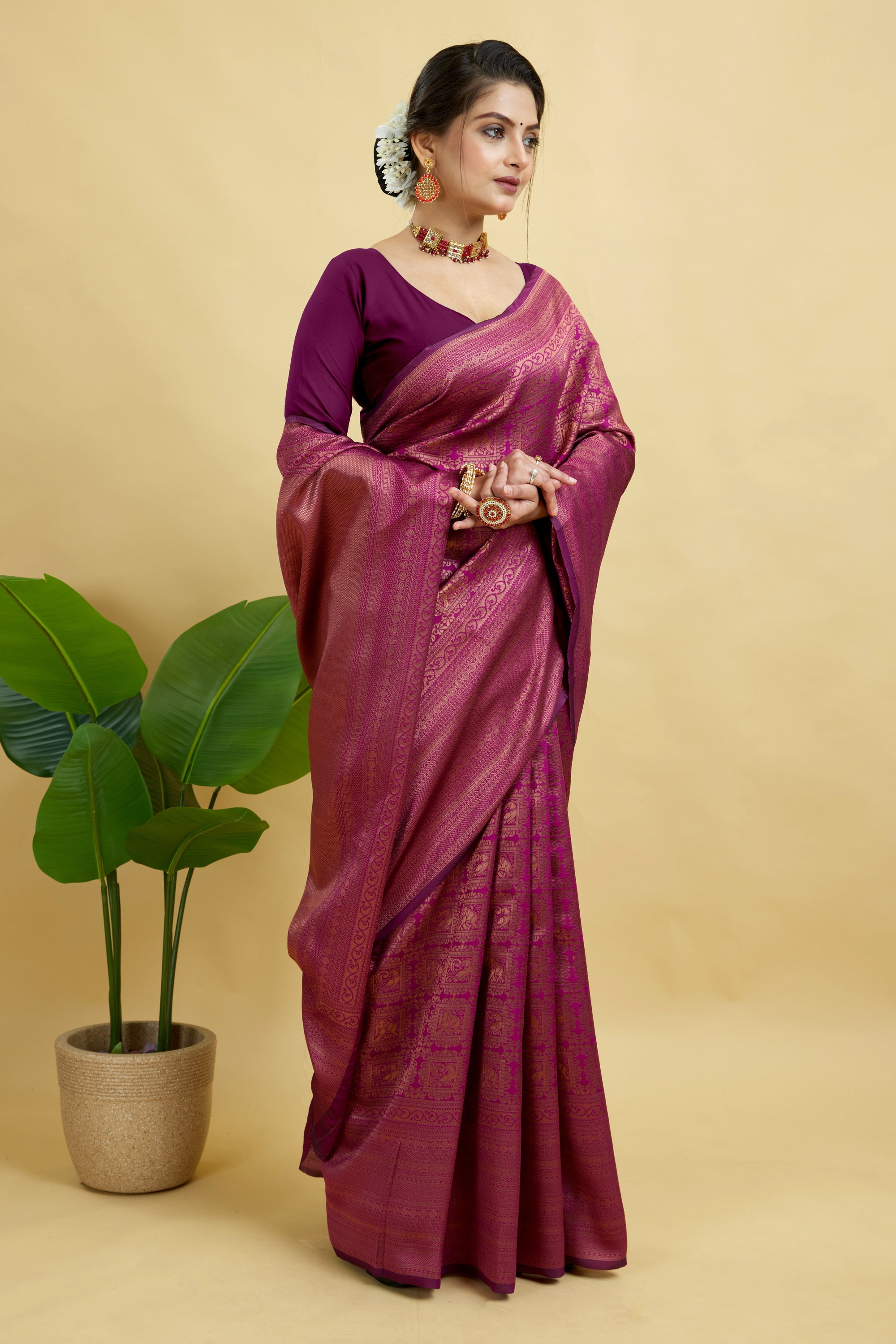 Wine Silk Blend Woven Banarasi Saree