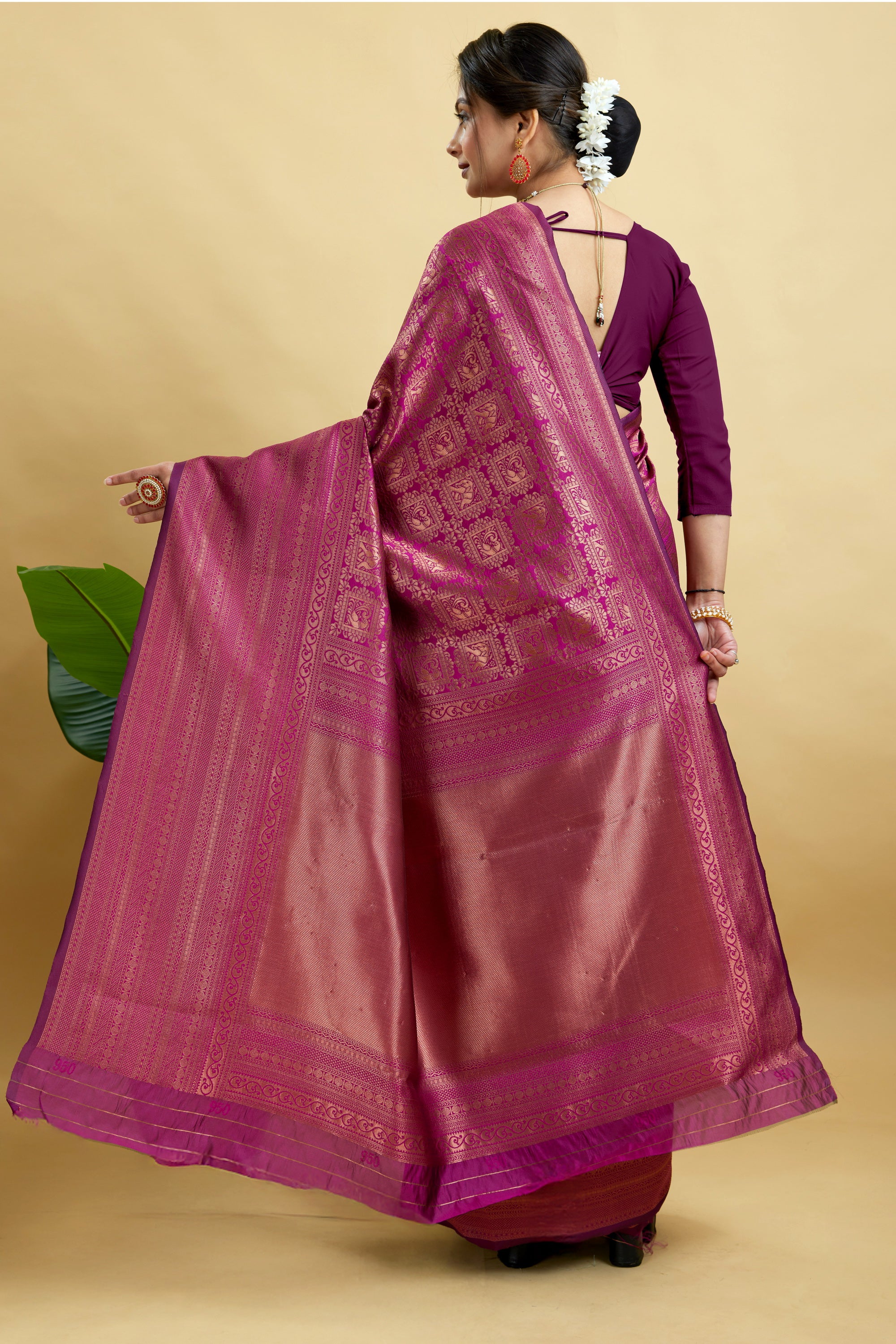 Wine Silk Blend Woven Banarasi Saree