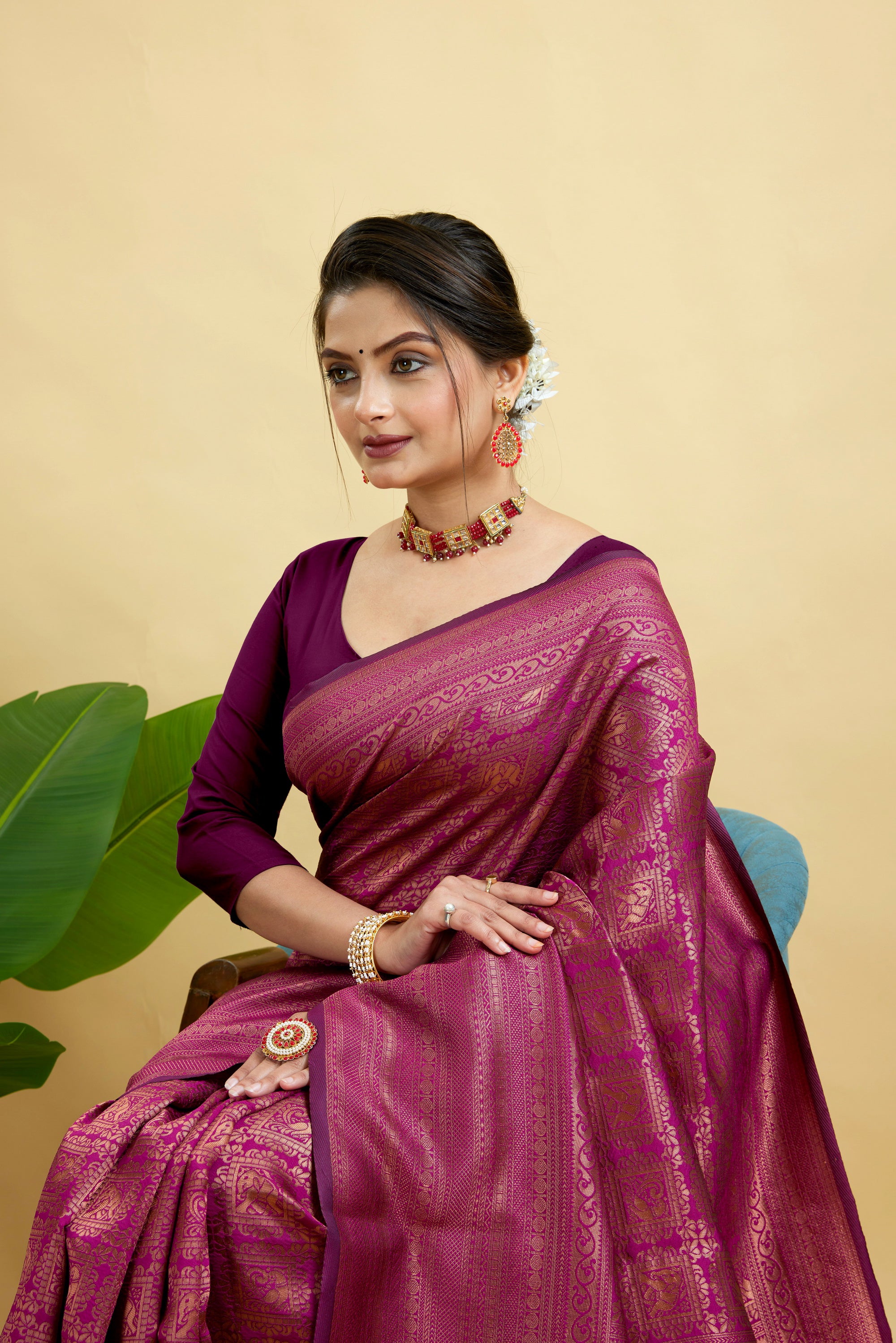 Wine Silk Blend Woven Banarasi Saree