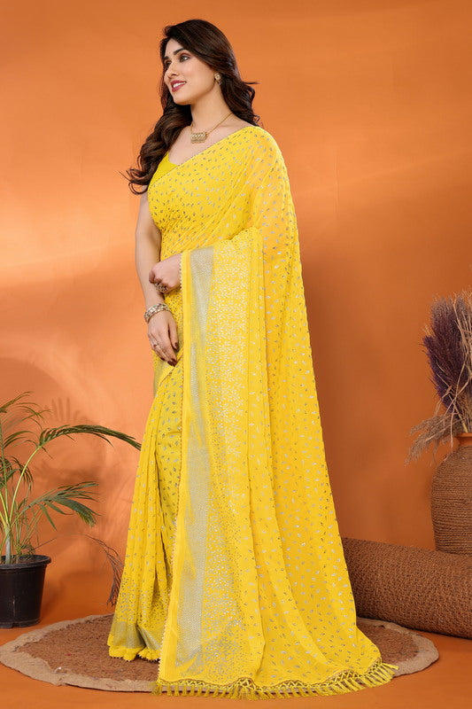Yellow Foil Work Soft Georgette Saree