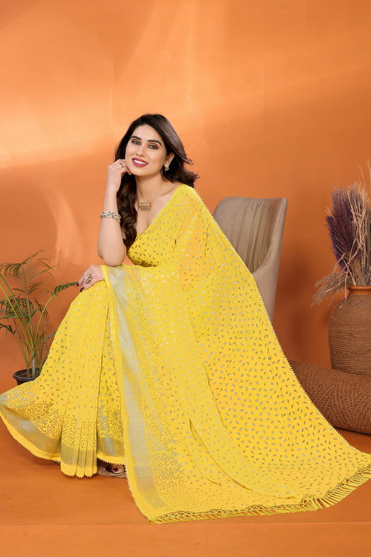 Yellow Foil Work Soft Georgette Saree