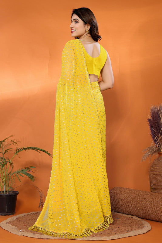 Yellow Foil Work Soft Georgette Saree
