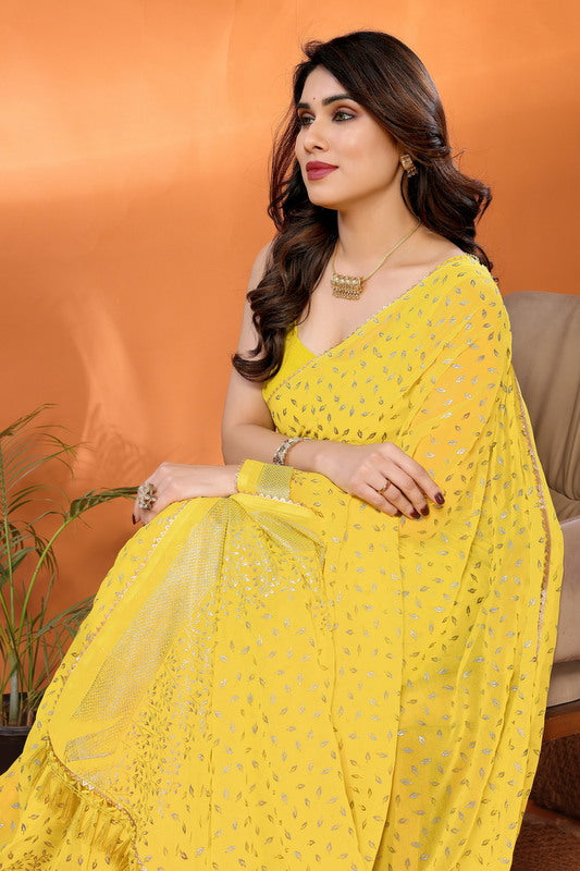 Yellow Foil Work Soft Georgette Saree