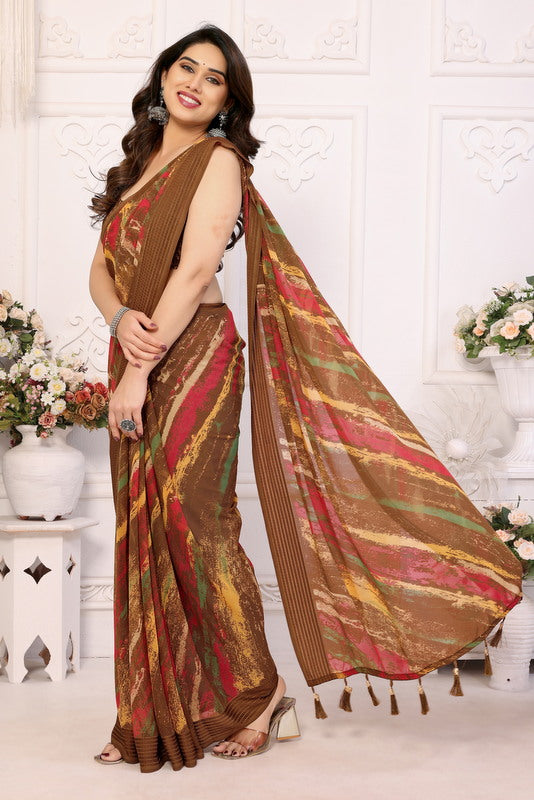 Brown Digital Printed Weightless Moss Saree