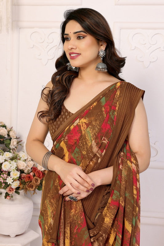 Brown Digital Printed Weightless Moss Saree
