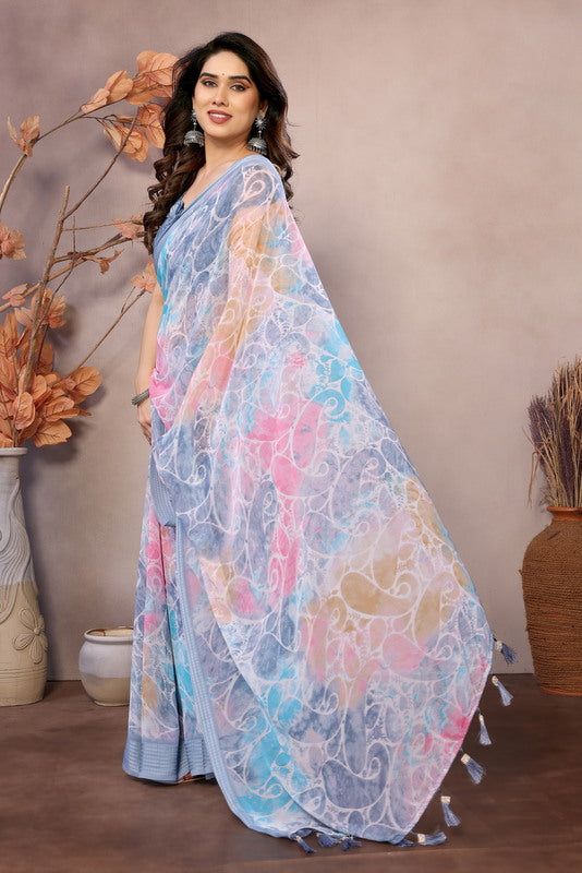 Gray Digital Printed Weightless Moss Saree