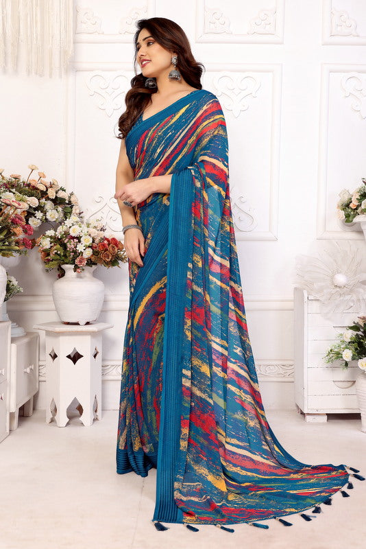 Light Blue Digital Printed Weightless Moss Saree