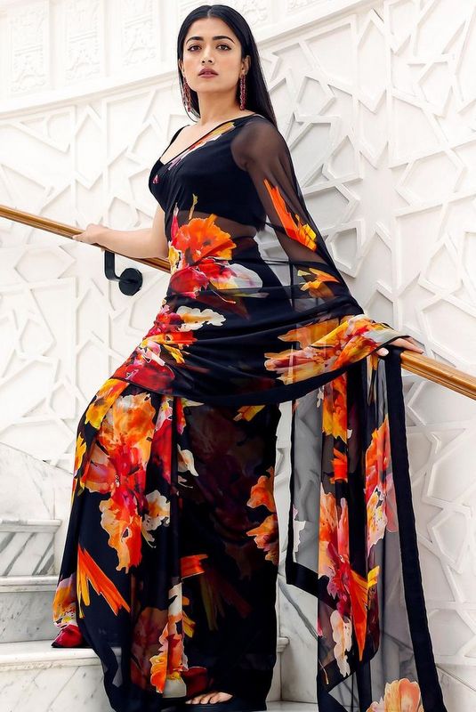 Black Printed Georgette Saree