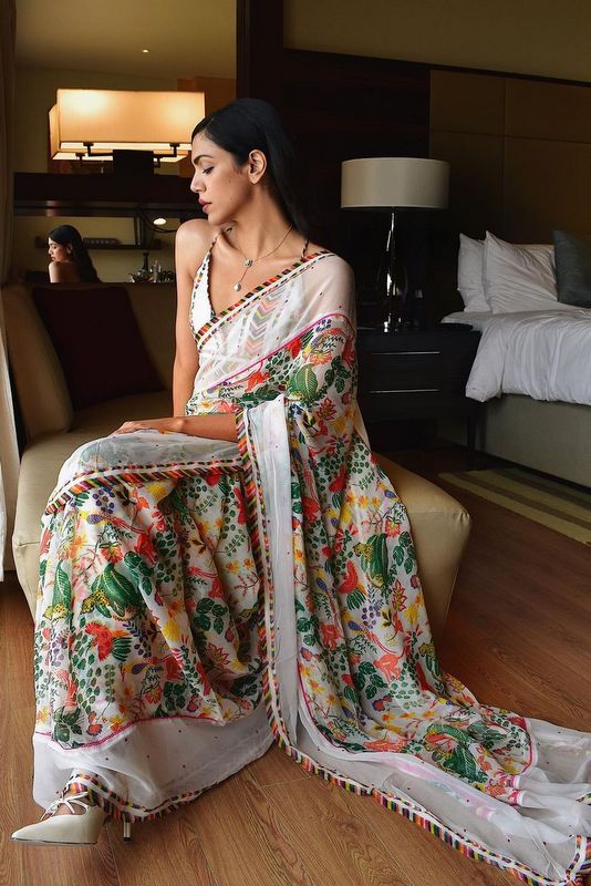 White Printed Georgette saree