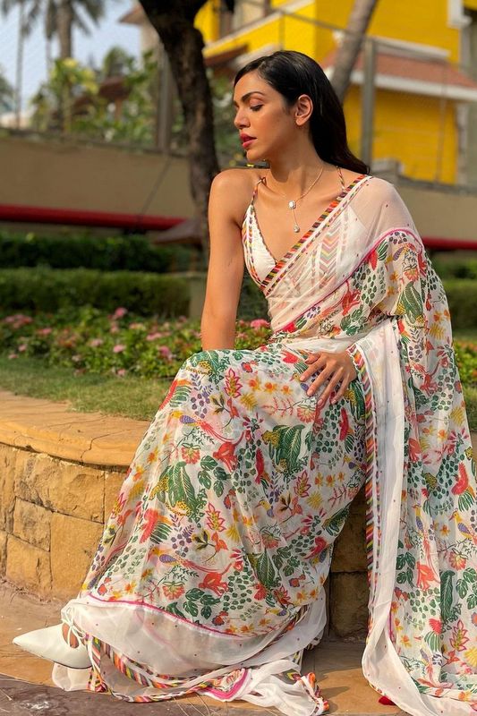 White Printed Georgette saree