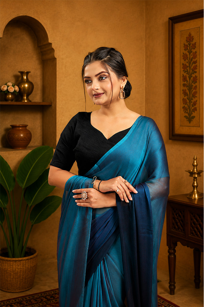 Blue Ready To Wear Two Toned Nylon Silk Saree