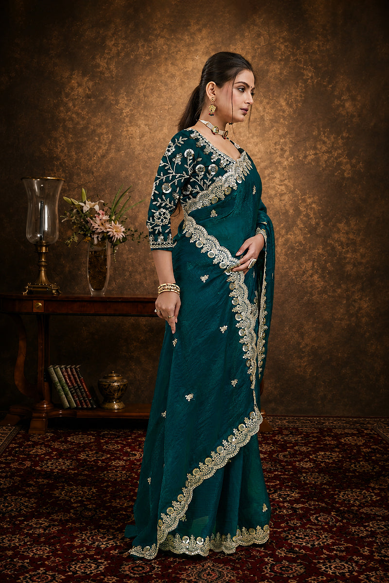 Rama Sequined Embroidered Fancy Chiffon Saree