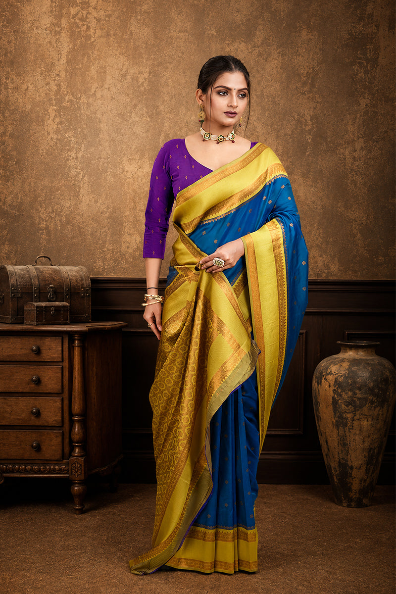 Blue Narayan Border Silk Blend Saree