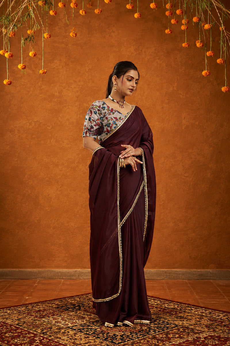 Brown Solid Plain Georgette Saree