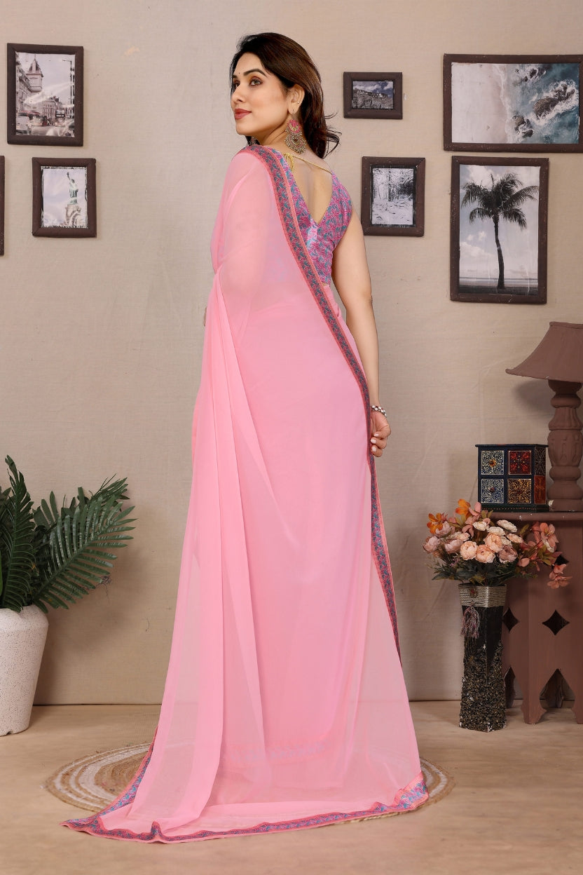 Baby Pink Georgette Lace Border Saree