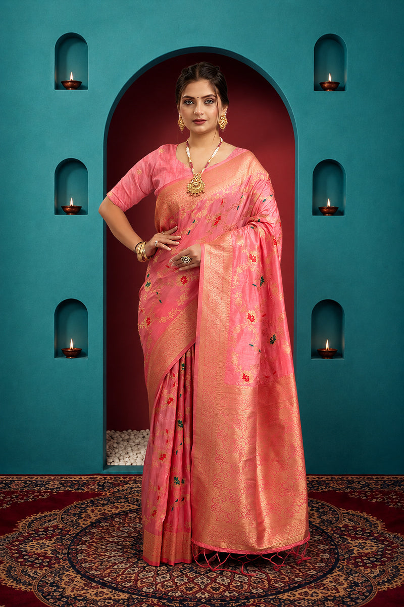 Baby Pink Pure Banarasi Khadi Silk Saree