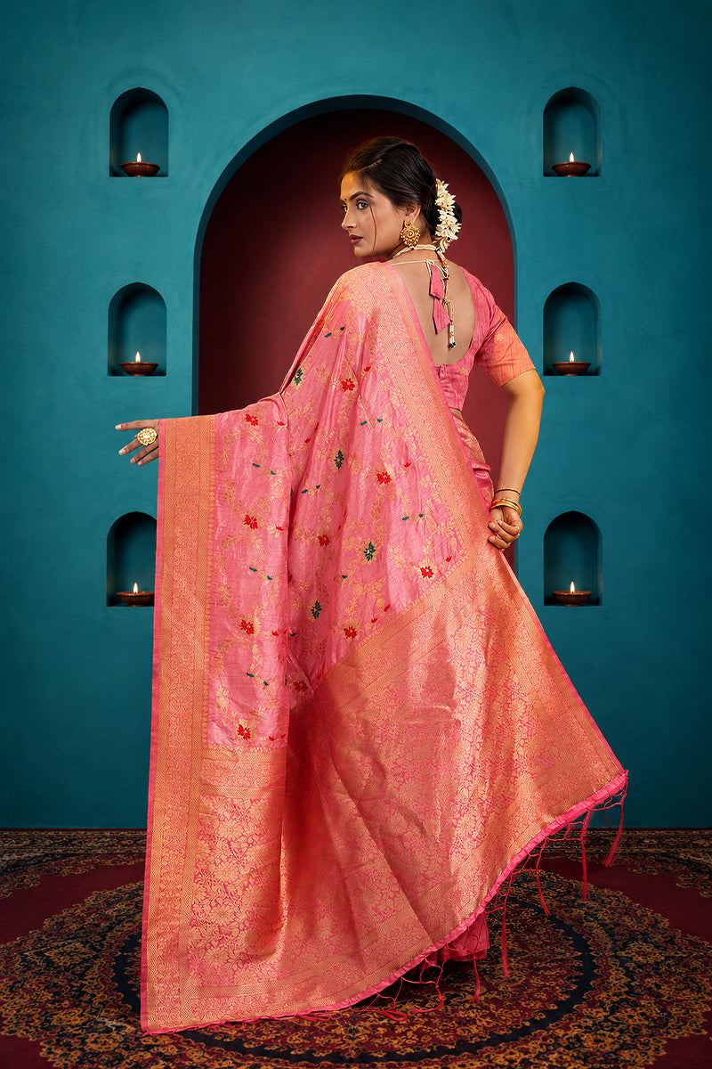 Baby Pink Pure Banarasi Khadi Silk Saree
