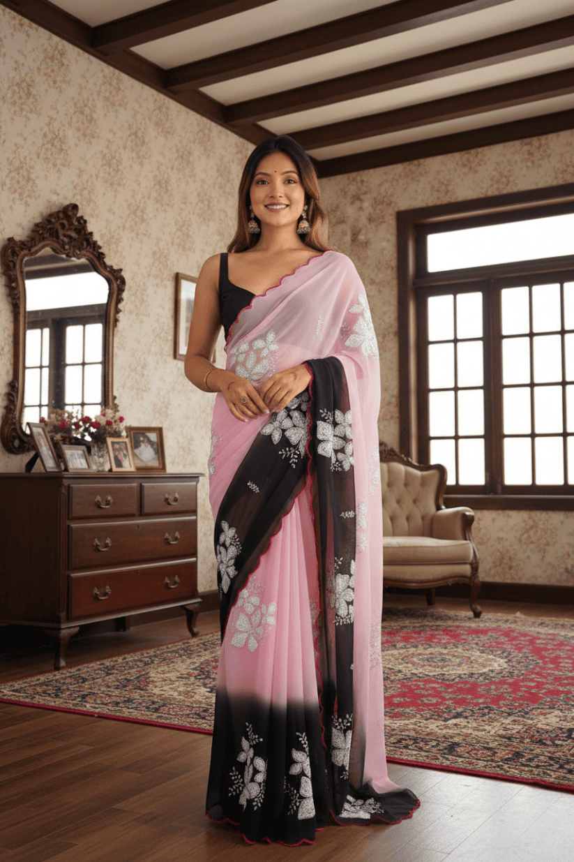 Baby Pink Embroidery Work Georgette Saree