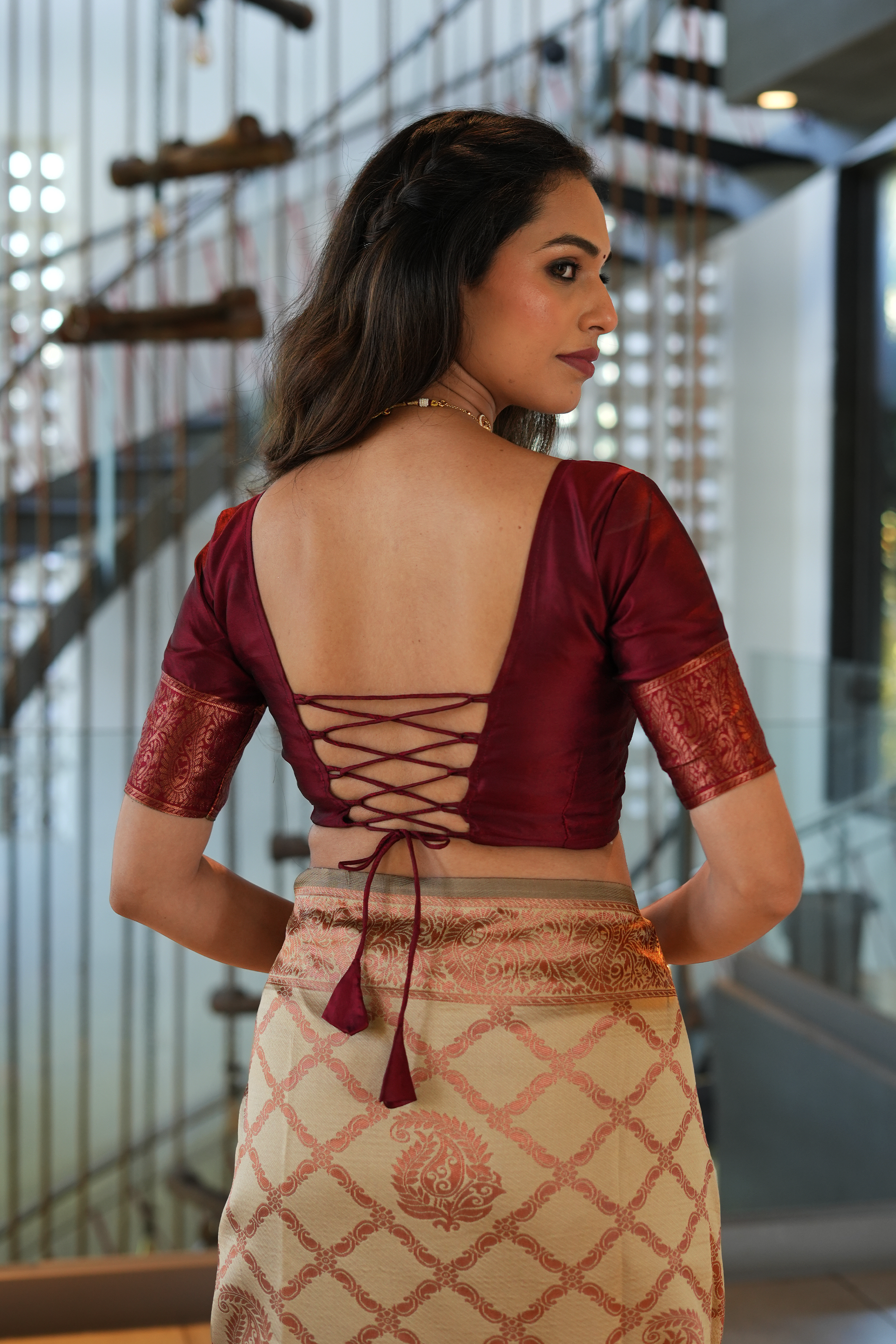 Beige Jhalar Silk Blend Saree