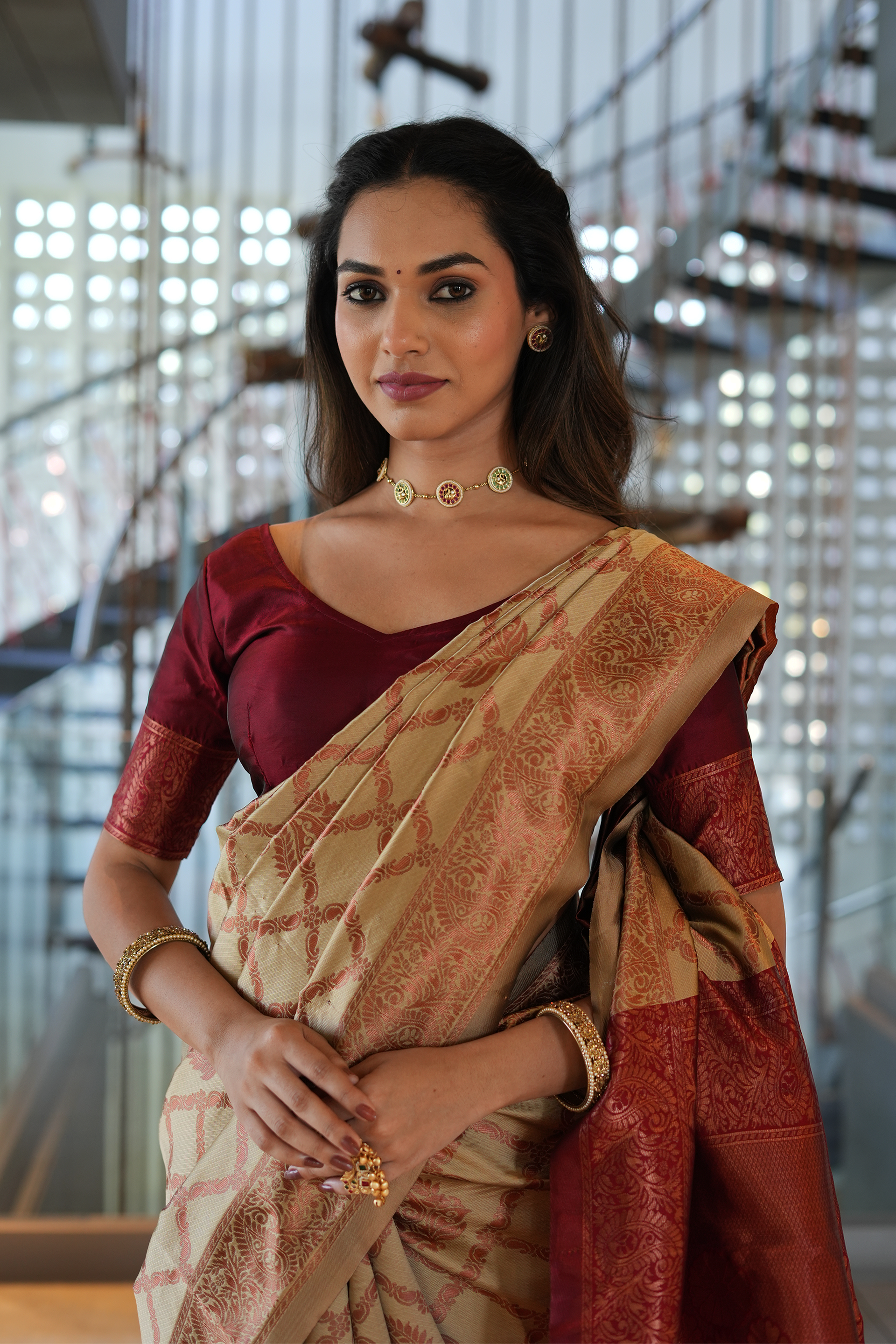 Beige Jhalar Silk Blend Saree