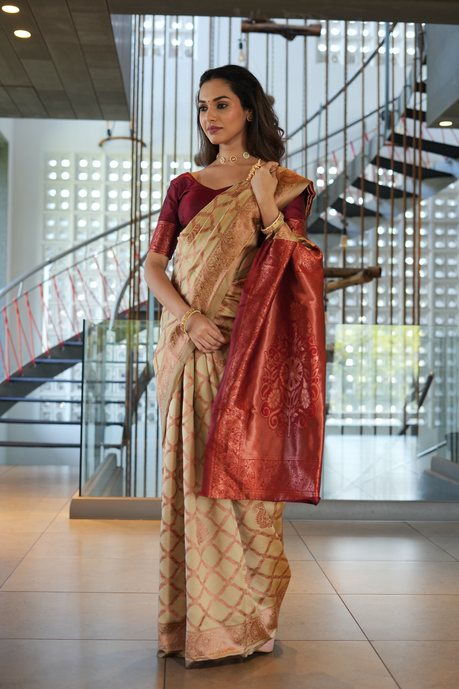 Beige Jhalar Silk Blend Saree
