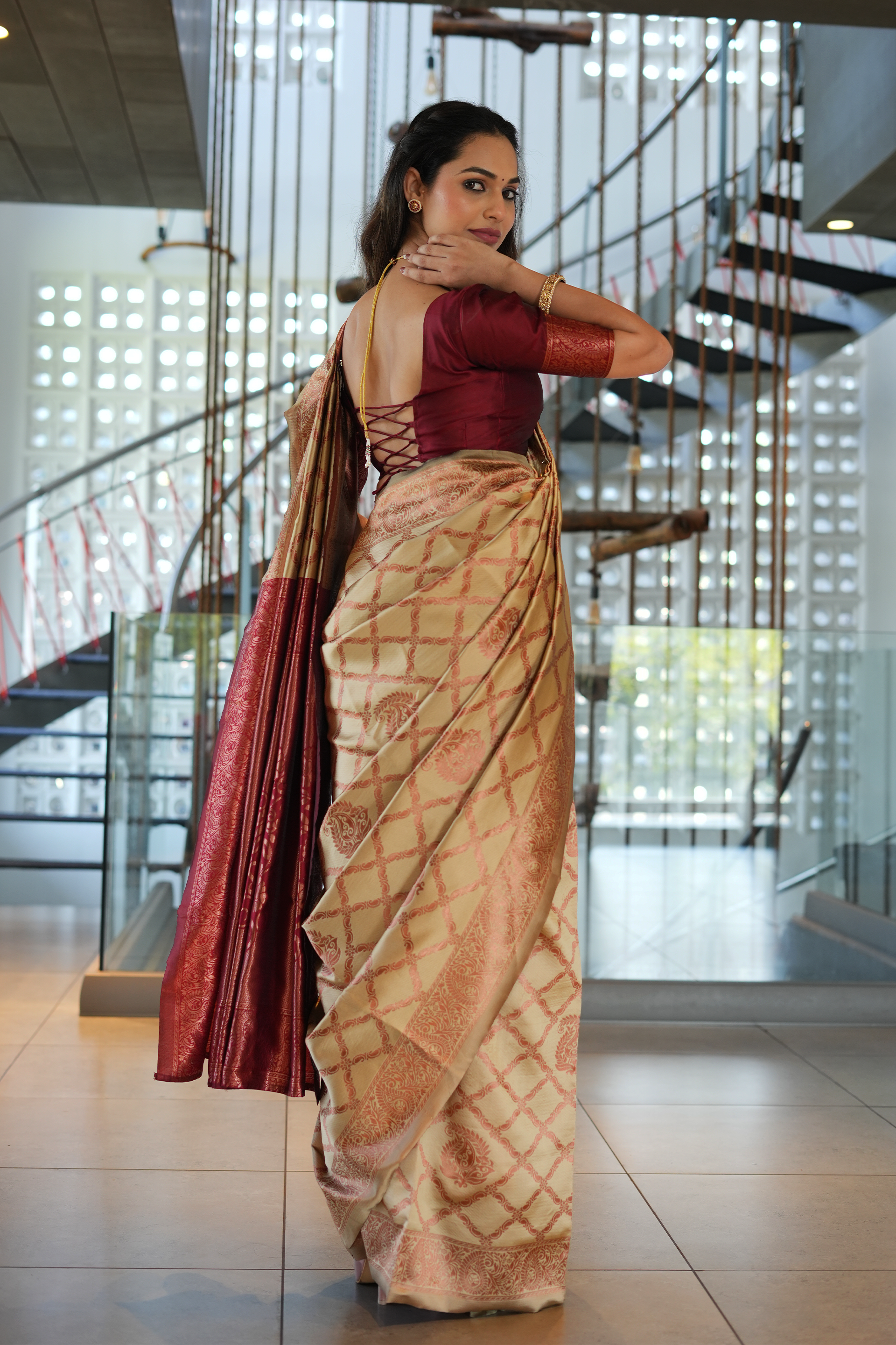 Beige Jhalar Silk Blend Saree