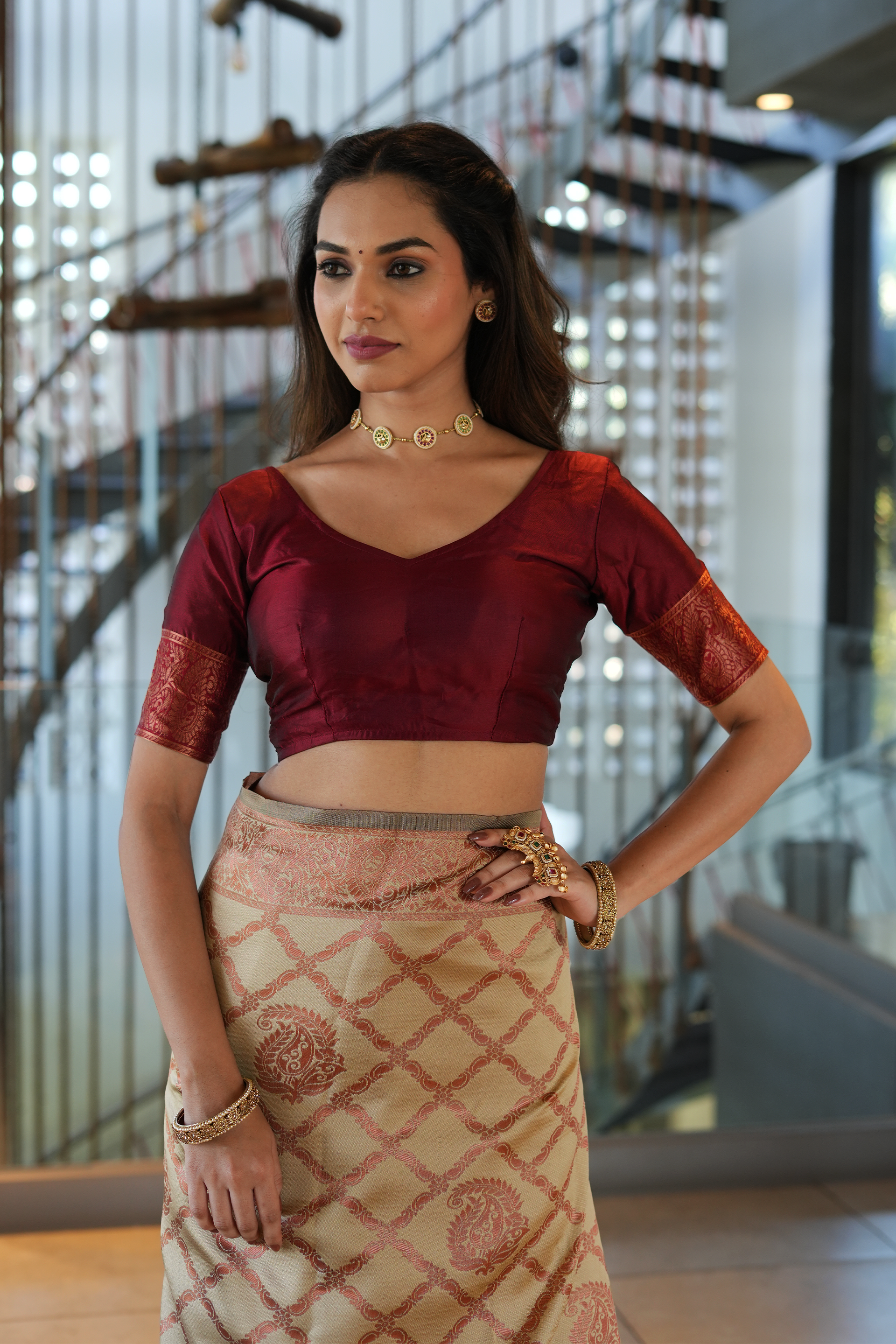 Beige Jhalar Silk Blend Saree