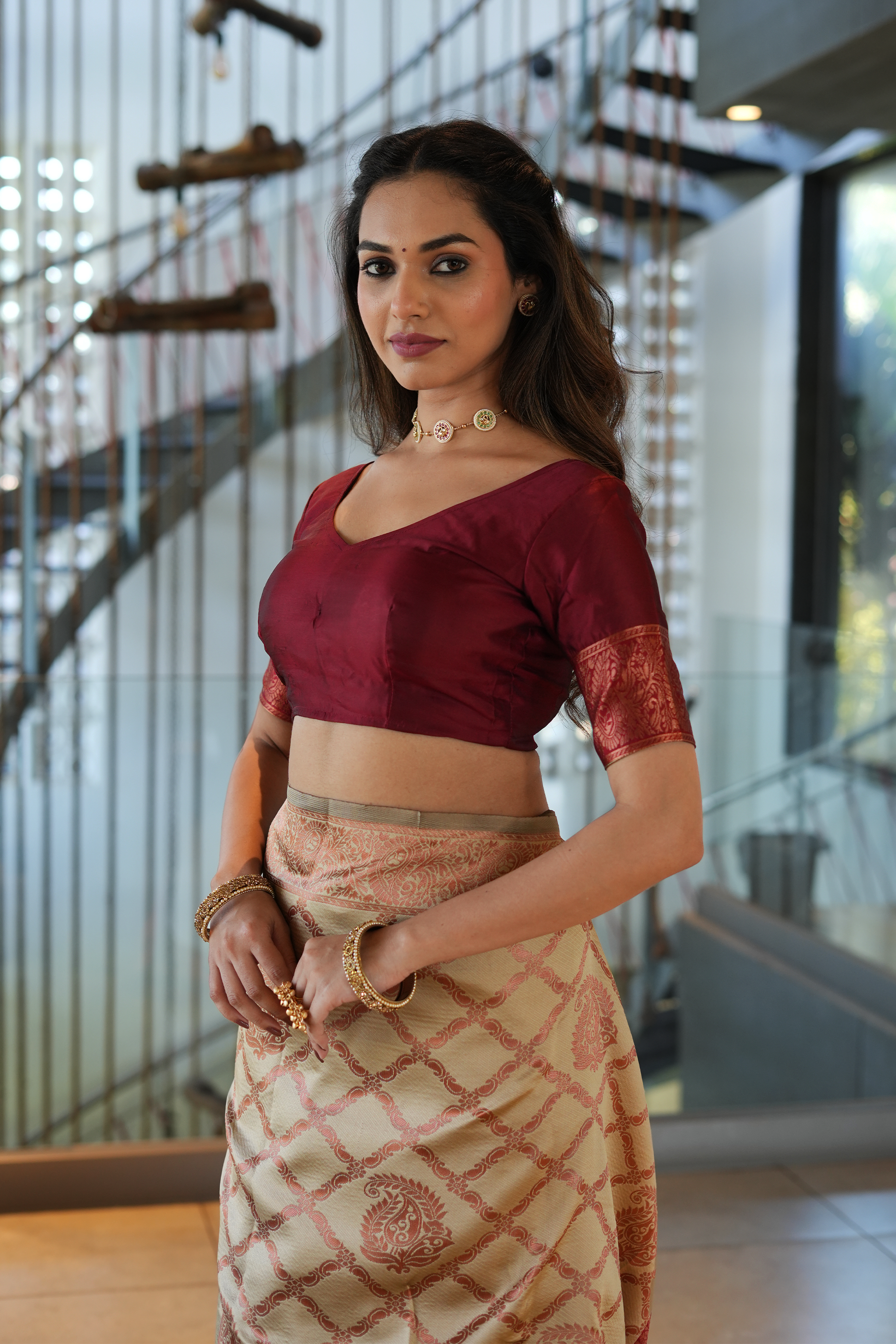 Beige Jhalar Silk Blend Saree