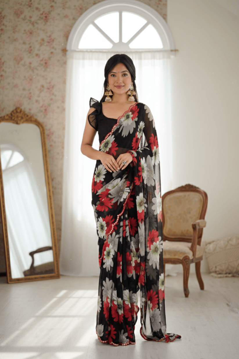 Black Floral Printed Georgette Saree