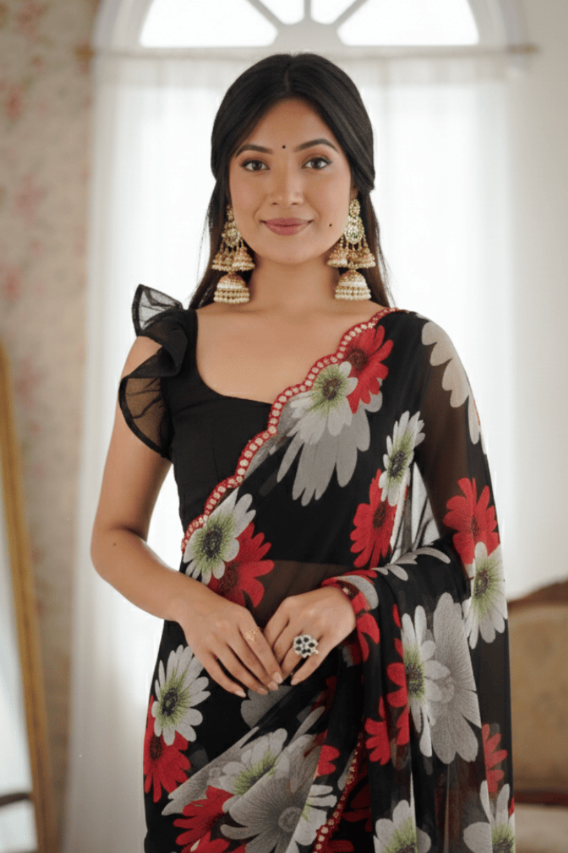 Black Floral Printed Georgette Saree