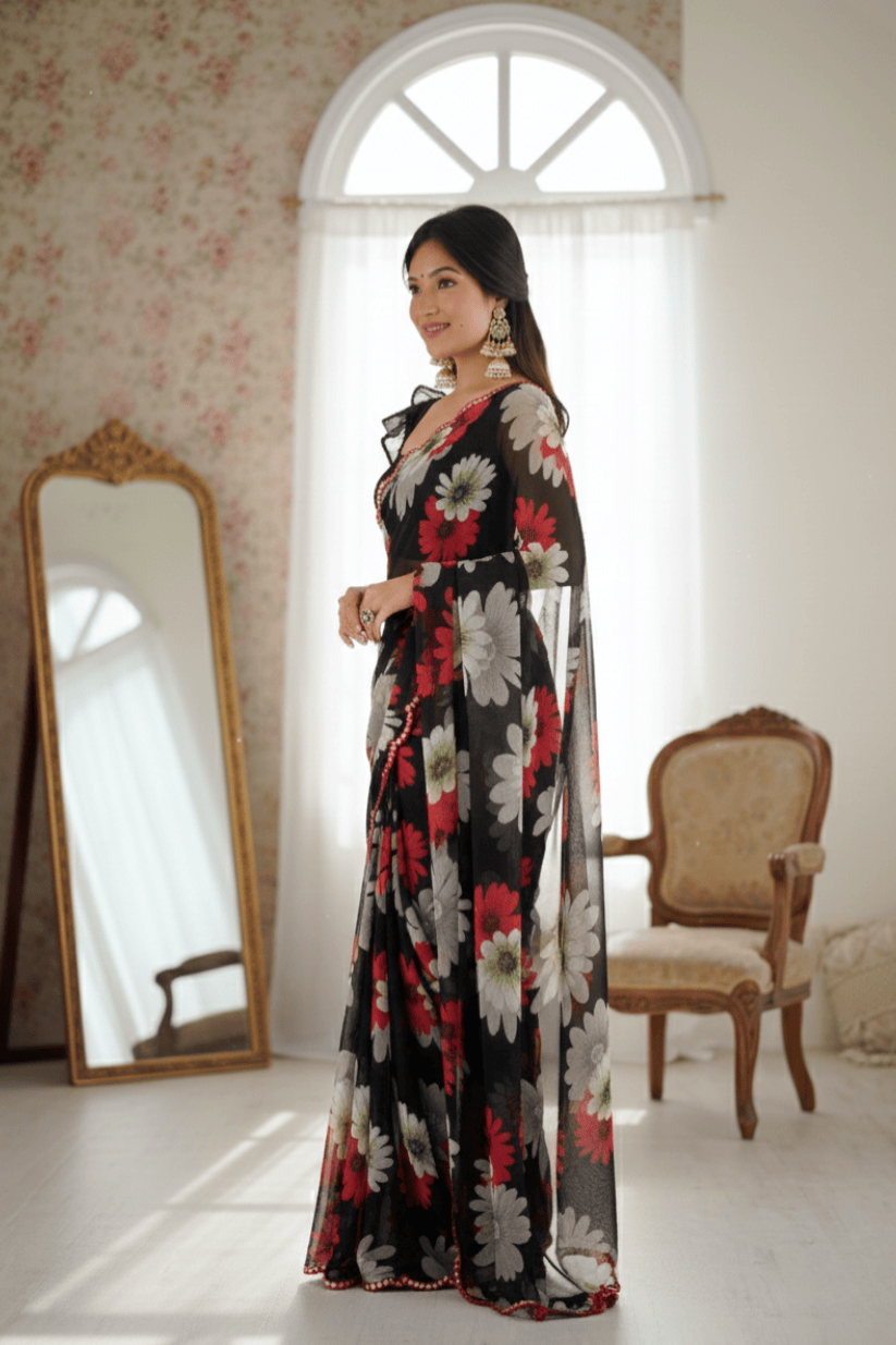 Black Floral Printed Georgette Saree