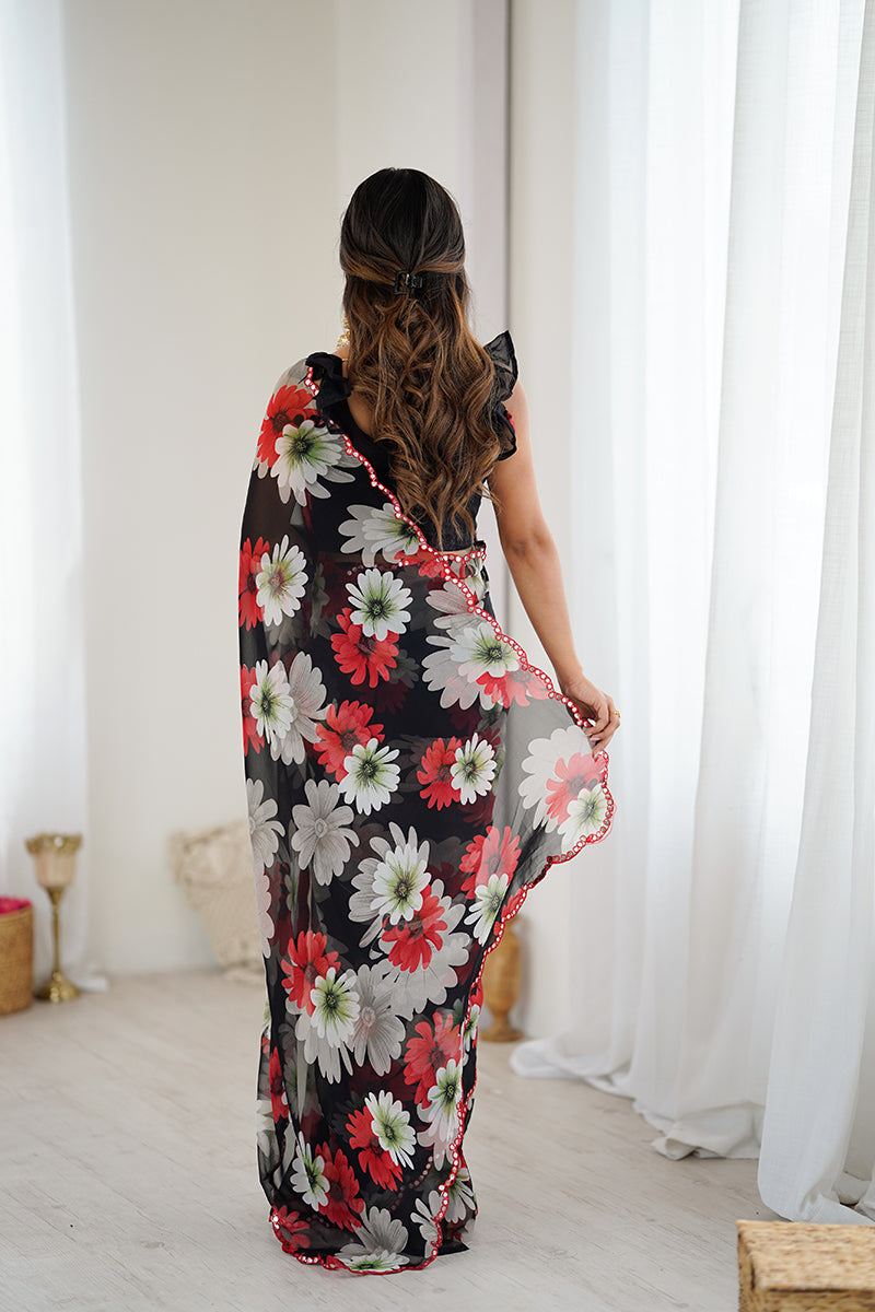 Black Floral Printed Georgette Saree