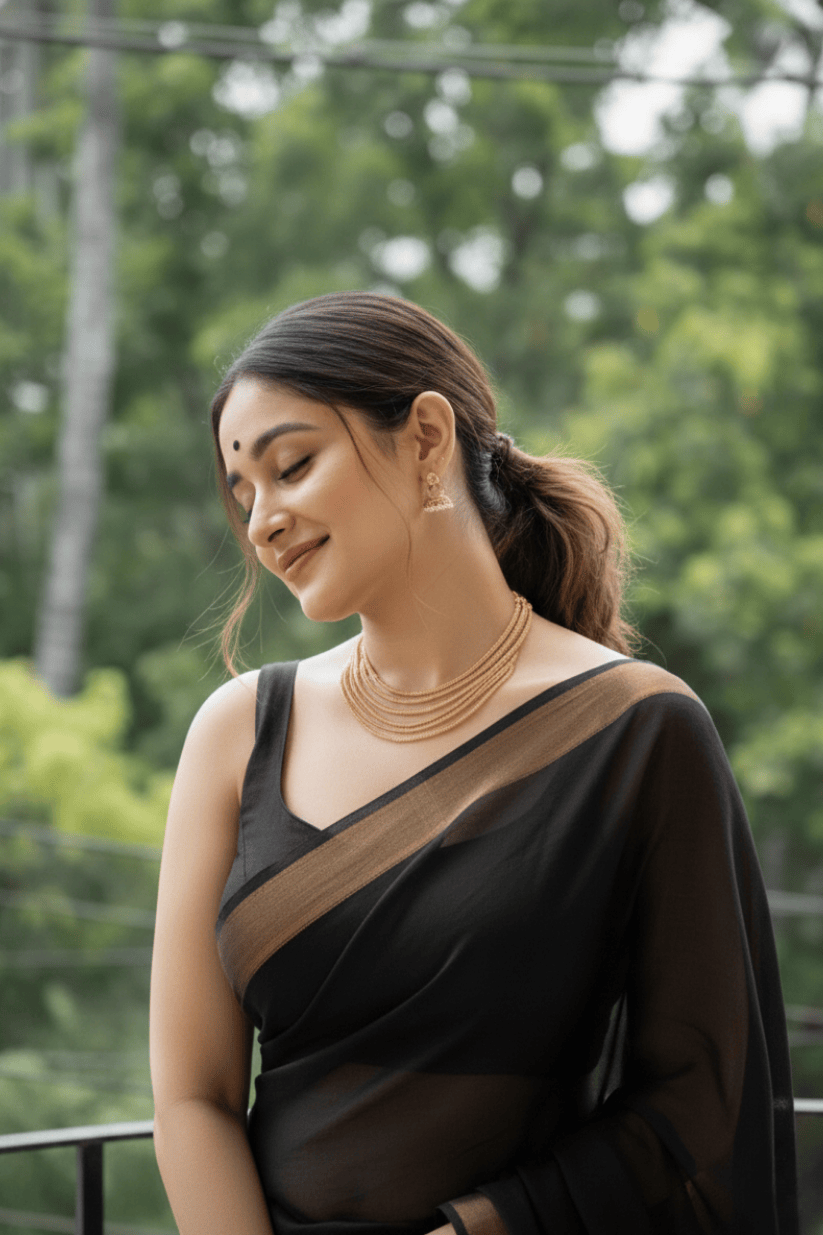 Black Jacquard Border Cotton Blend Saree