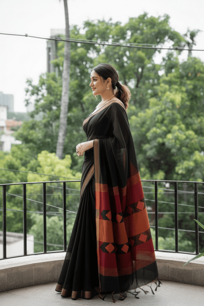 Black Jacquard Border Cotton Blend Saree