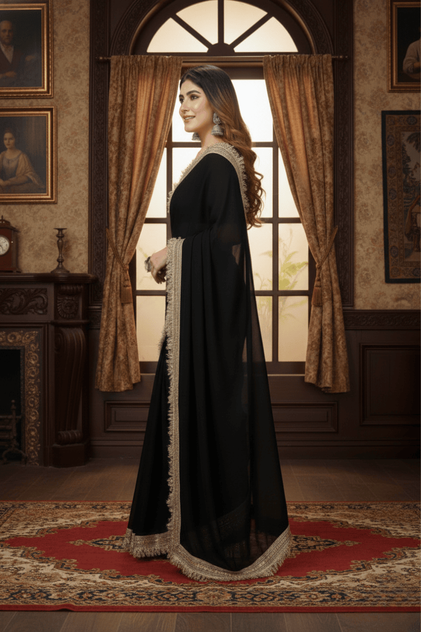 Black Solid Georgette Lace Saree