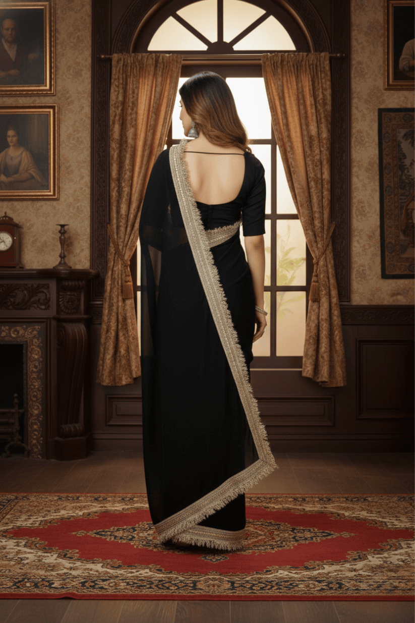Black Solid Georgette Lace Saree