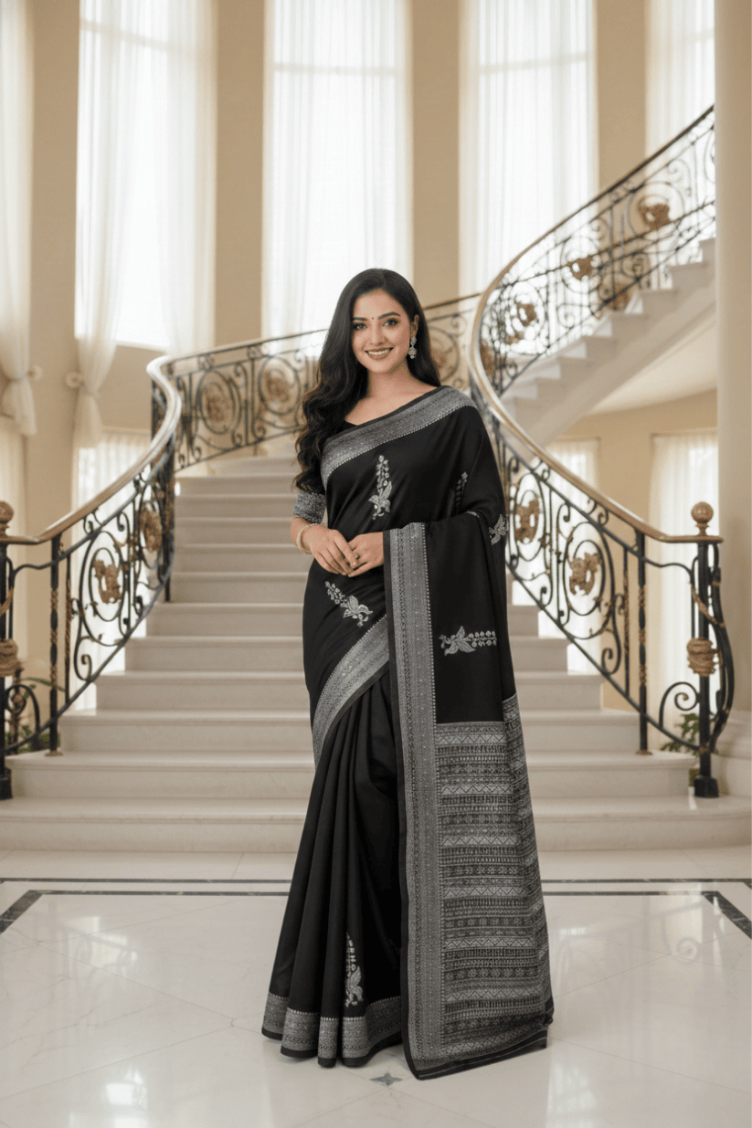 Black Solid Woven Silk Saree