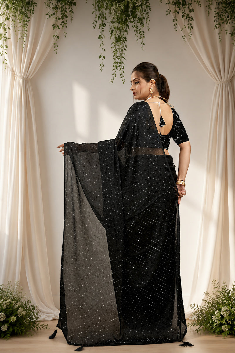 Black Stone Work Satin Chiffon Saree
