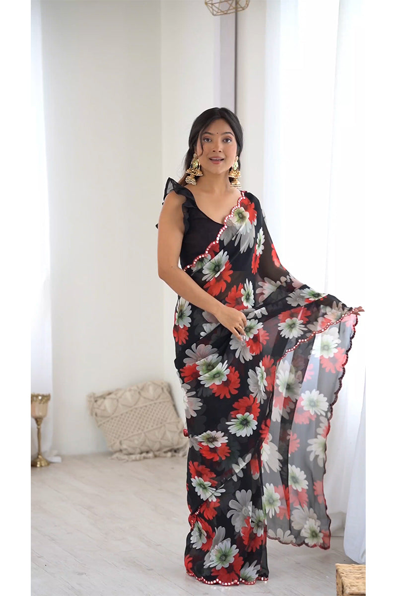 Black Floral Printed Georgette Saree
