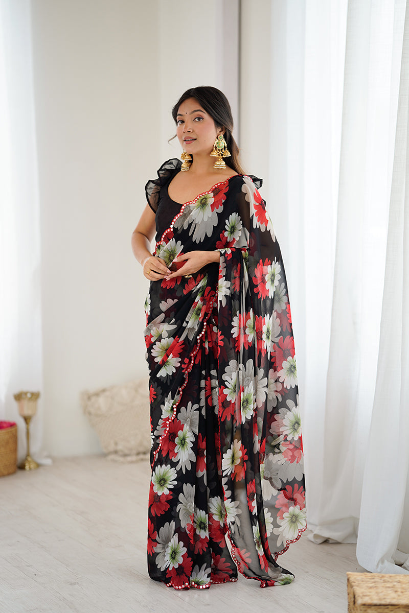 Black Floral Printed Georgette Saree