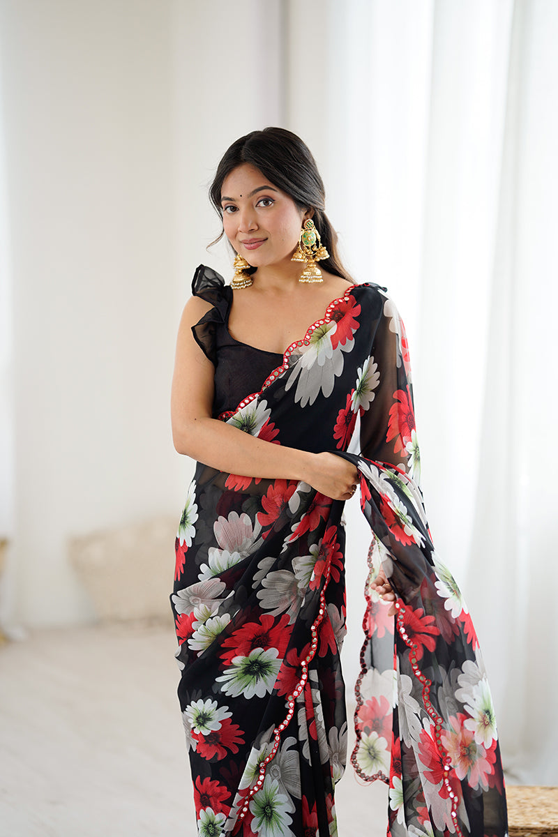 Black Floral Printed Georgette Saree