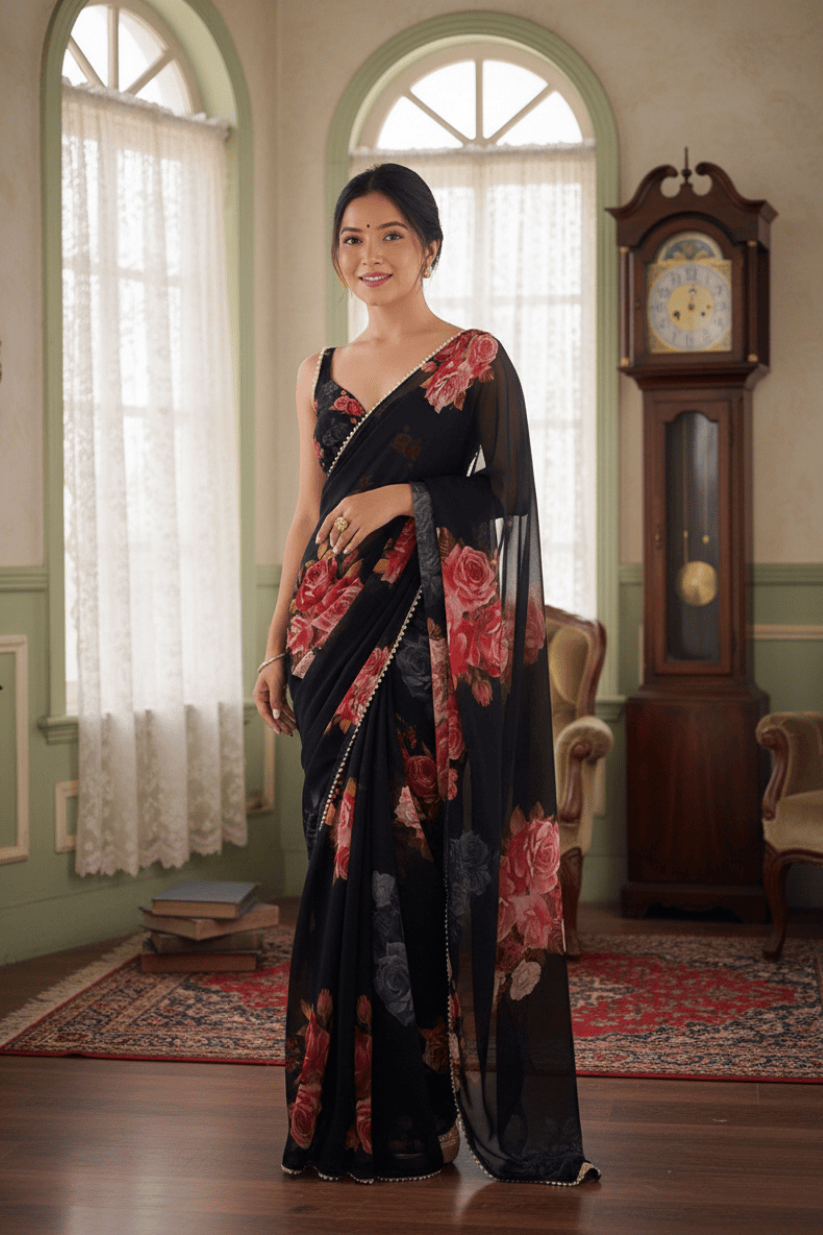Black Printed Georgette Lace Saree