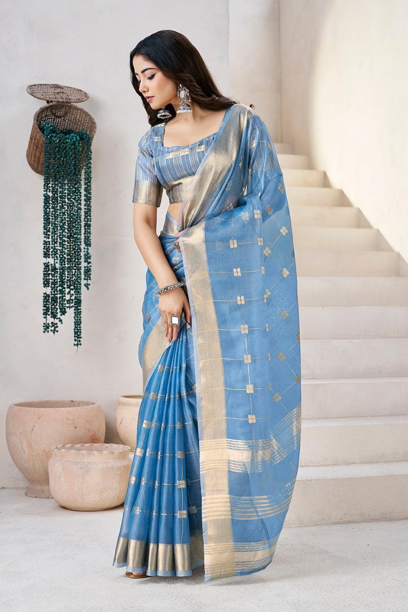 Blue Linen Cotton Zari Silk Weaving Saree