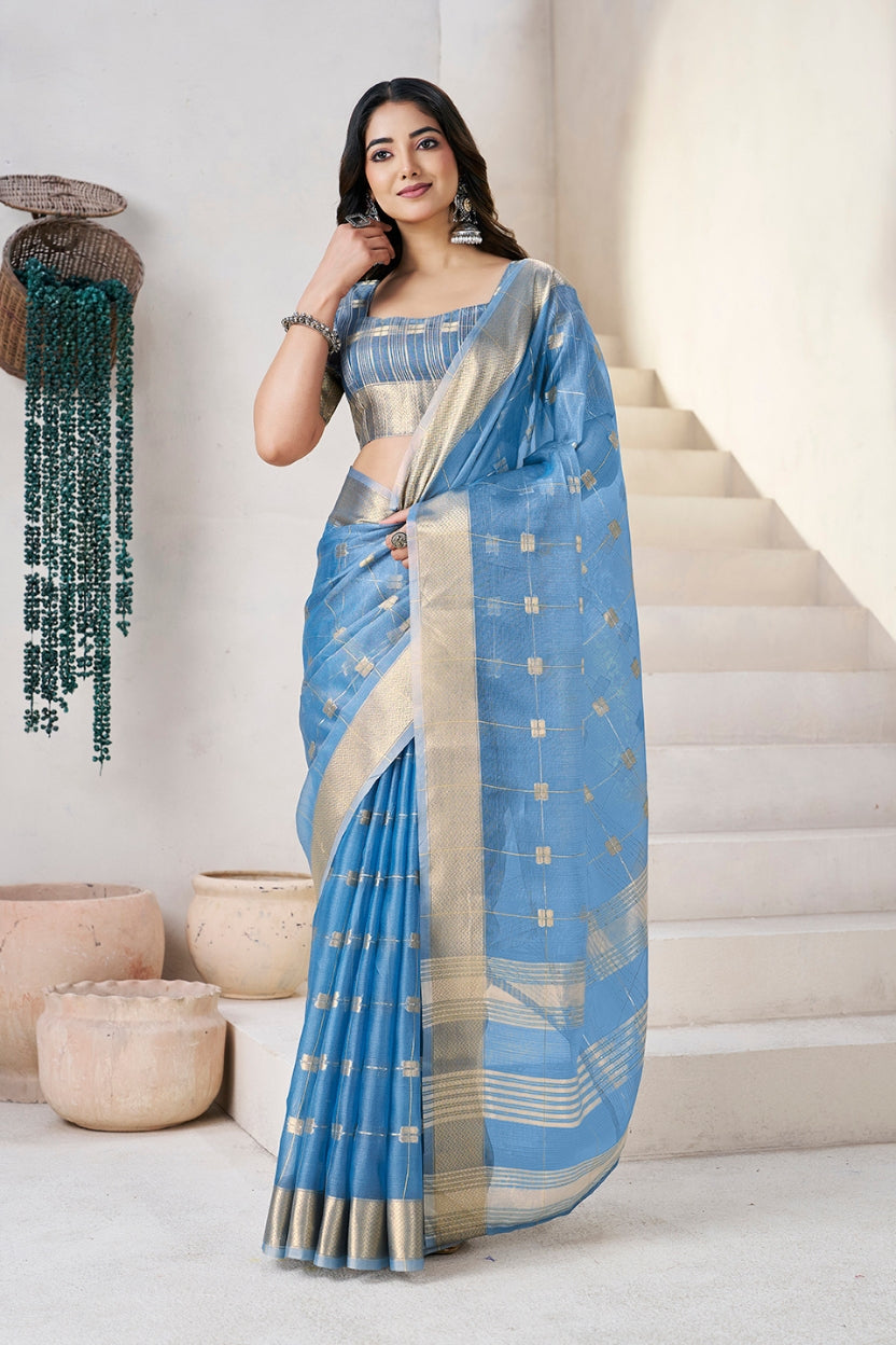 Blue Linen Cotton Zari Silk Weaving Saree