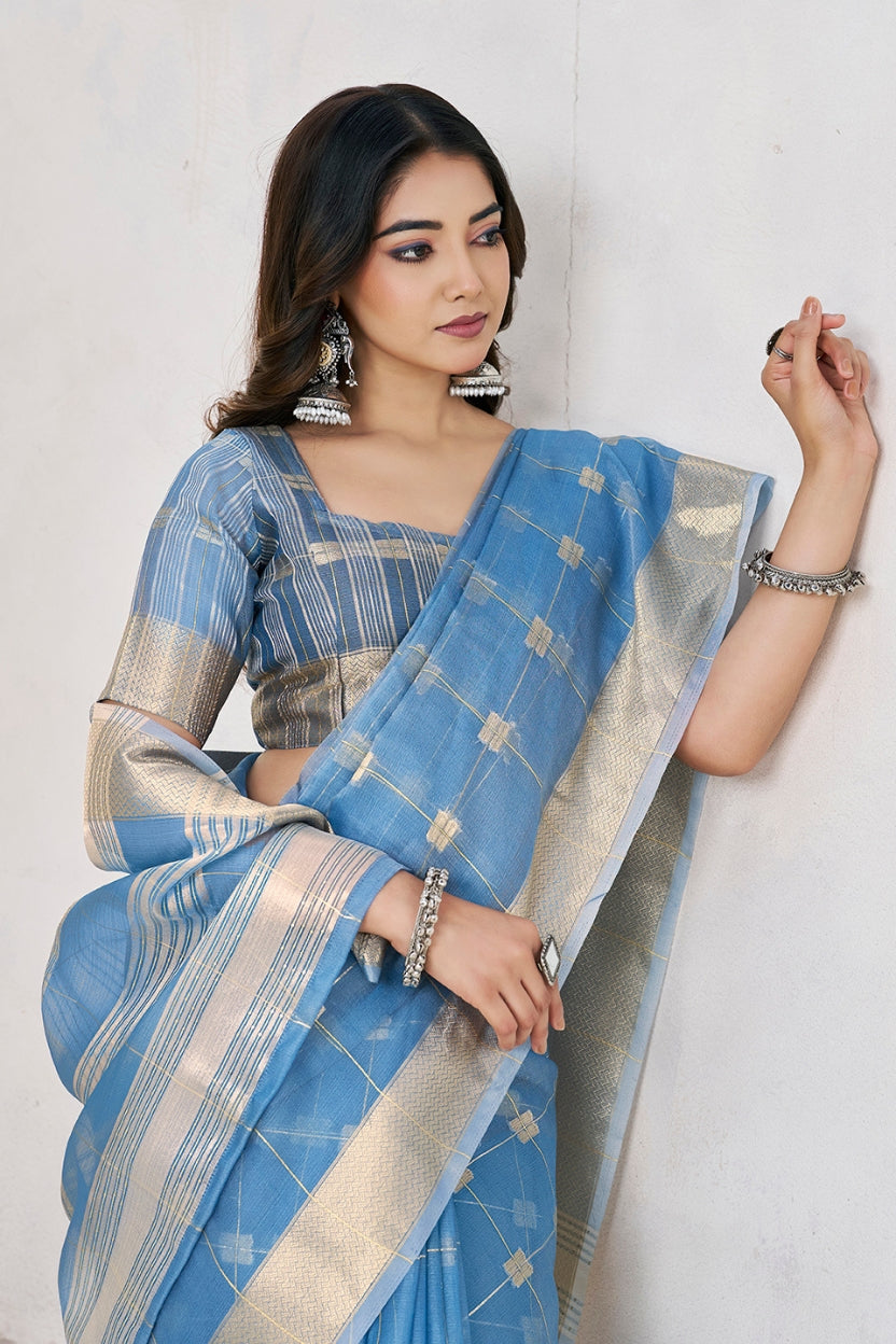 Blue Linen Cotton Zari Silk Weaving Saree