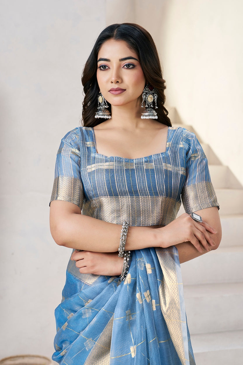 Blue Linen Cotton Zari Silk Weaving Saree