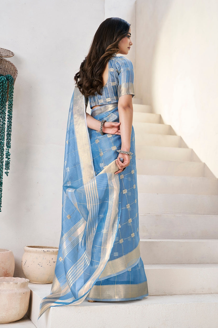 Blue Linen Cotton Zari Silk Weaving Saree